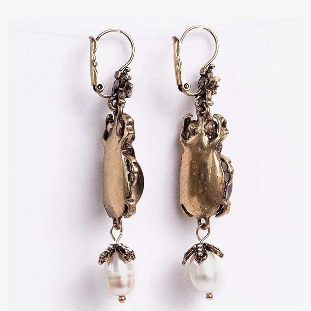 Anthro ladybug bug faux Pearl with rhinestones dangling earrings - Picture 3 of 5